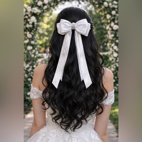 Hand Crafted Other - Elegant White Satin Bow Hair Bow with Pearl Accent